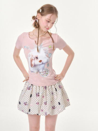 Fried Hairy Cute Rabbit Small V-Neck Short-Sleeved T-Shirt Light Pink【s0000016345】