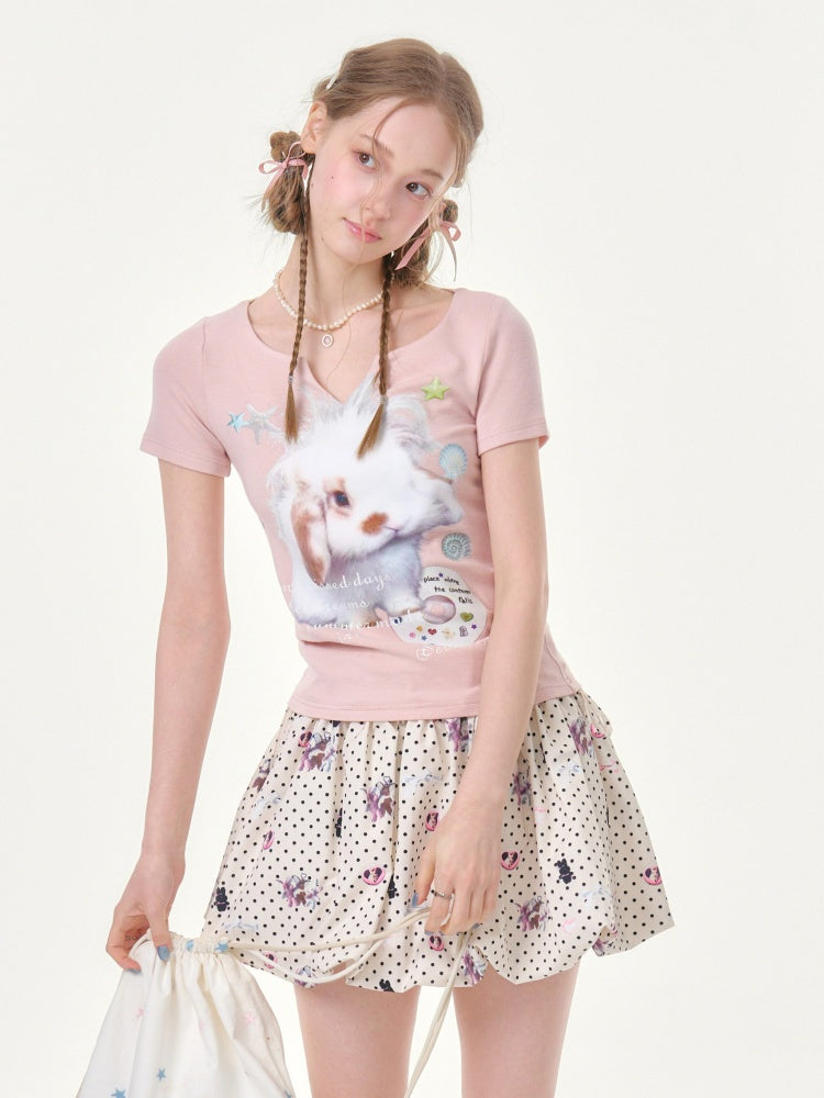 Fried Hairy Cute Rabbit Small V-Neck Short-Sleeved T-Shirt Light Pink【s0000016345】