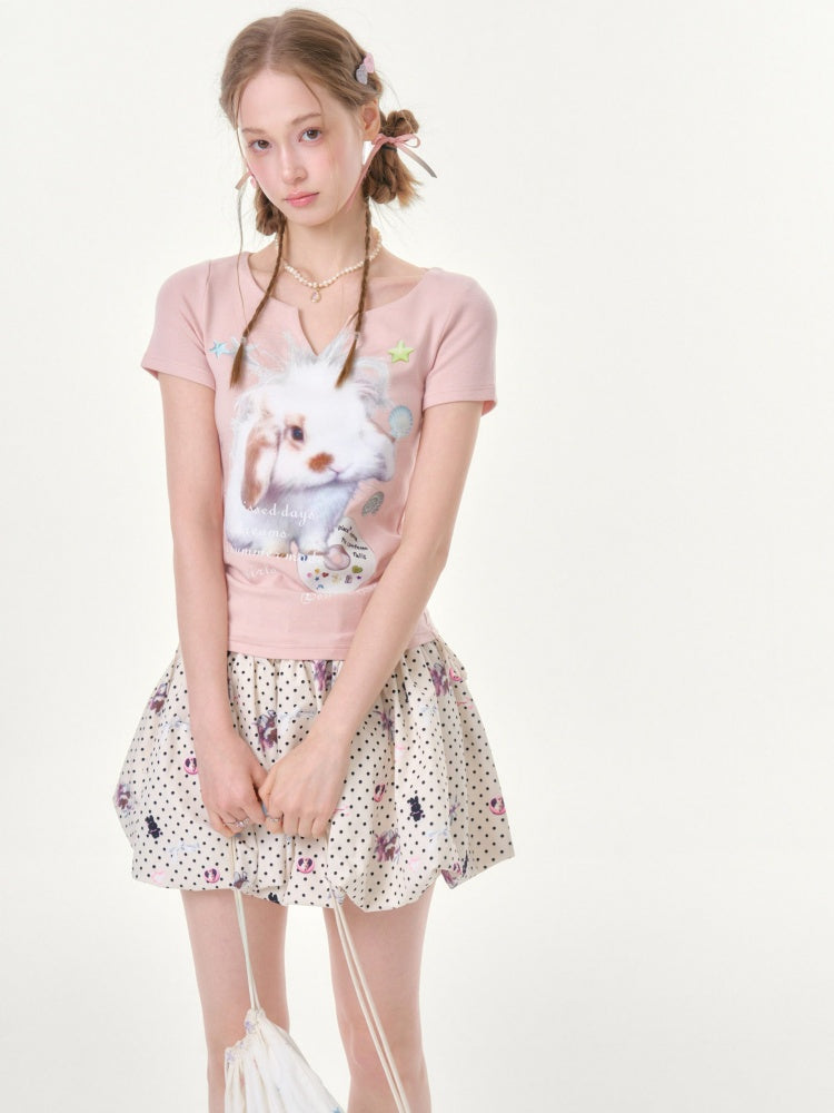 Fried Hairy Cute Rabbit Small V-Neck Short-Sleeved T-Shirt Light Pink【s0000016345】