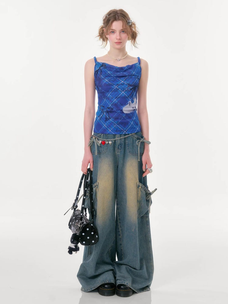 Cute Rabbit Print Plaid Swing Collar Camisole【s0000016346】
