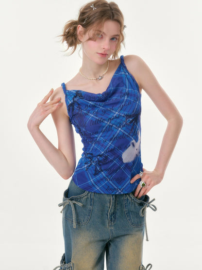 Cute Rabbit Print Plaid Swing Collar Camisole【s0000016346】