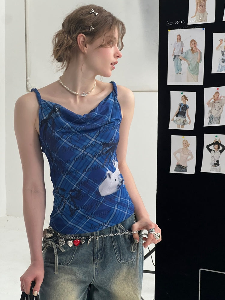 Cute Rabbit Print Plaid Swing Collar Camisole【s0000016346】