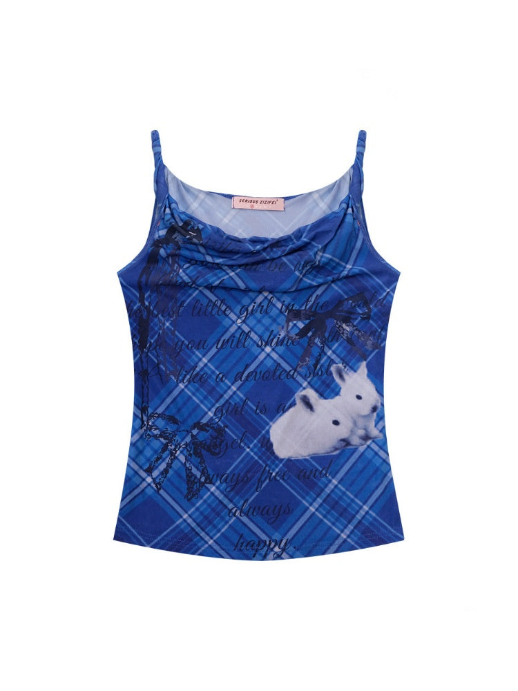 Cute Rabbit Print Plaid Swing Collar Camisole【s0000016346】