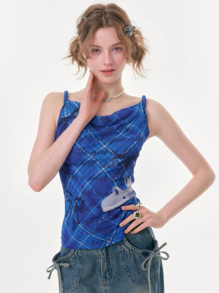 Cute Rabbit Print Plaid Swing Collar Camisole【s0000016346】