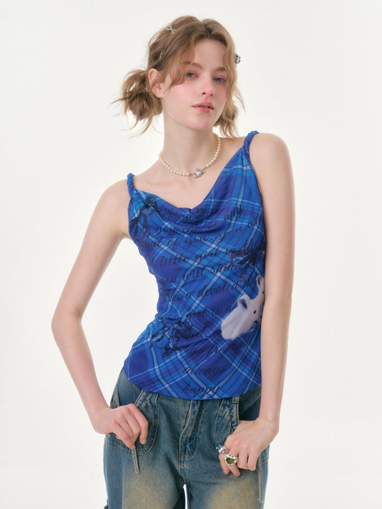 Cute Rabbit Print Plaid Swing Collar Camisole【s0000016346】