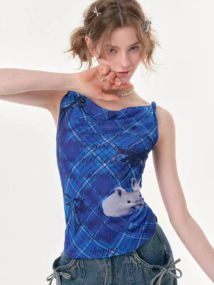Cute Rabbit Print Plaid Swing Collar Camisole【s0000016346】