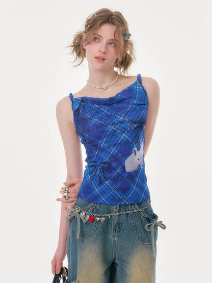 Cute Rabbit Print Plaid Swing Collar Camisole【s0000016346】