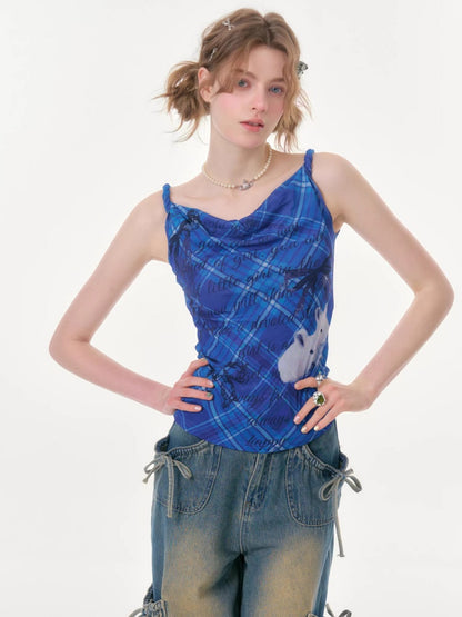 Cute Rabbit Print Plaid Swing Collar Camisole【s0000016346】