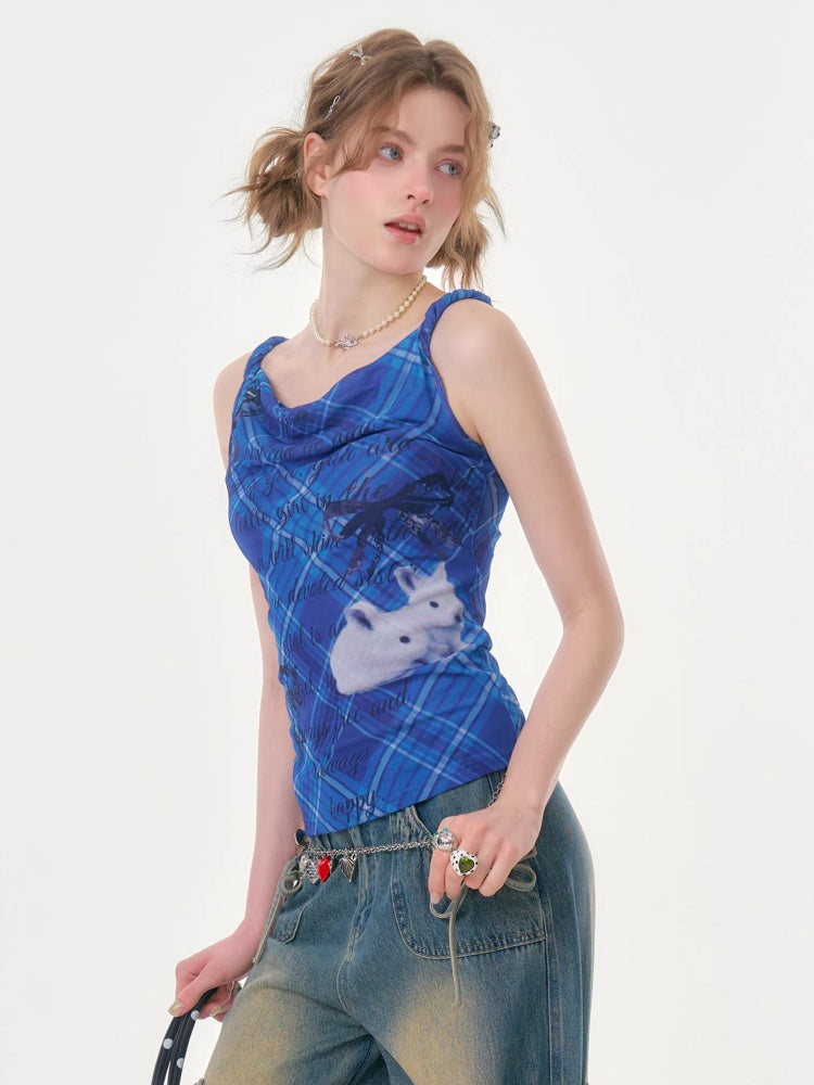 Cute Rabbit Print Plaid Swing Collar Camisole【s0000016346】