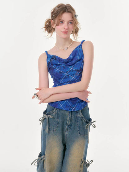 Cute Rabbit Print Plaid Swing Collar Camisole【s0000016346】