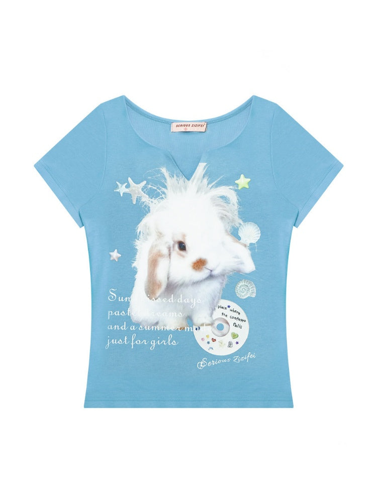 Fried Hairy Cute Rabbit Small V-Neck Short-Sleeved T-Shirt Light Blue【s0000016347】