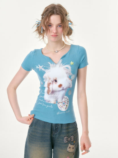 Fried Hairy Cute Rabbit Small V-Neck Short-Sleeved T-Shirt Light Blue【s0000016347】