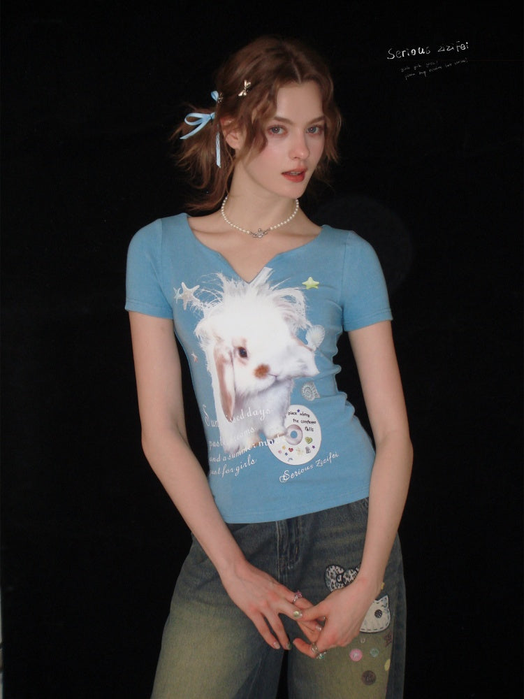 Fried Hairy Cute Rabbit Small V-Neck Short-Sleeved T-Shirt Light Blue【s0000016347】