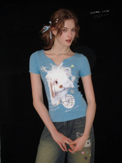 Fried Hairy Cute Rabbit Small V-Neck Short-Sleeved T-Shirt Light Blue【s0000016347】