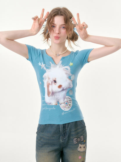 Fried Hairy Cute Rabbit Small V-Neck Short-Sleeved T-Shirt Light Blue【s0000016347】