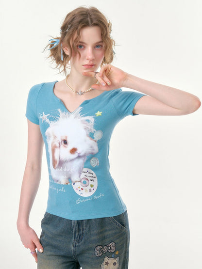 Fried Hairy Cute Rabbit Small V-Neck Short-Sleeved T-Shirt Light Blue【s0000016347】