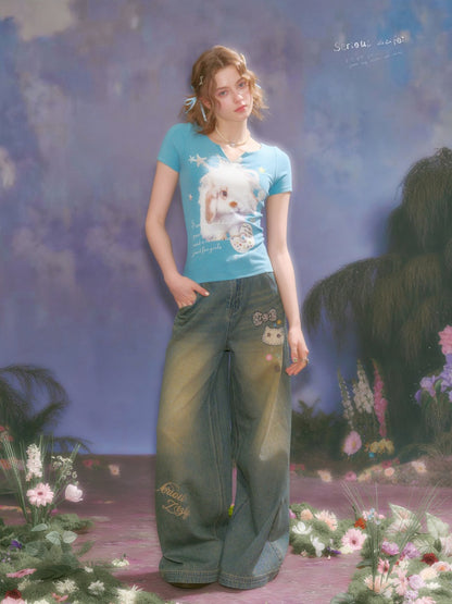 Fried Hairy Cute Rabbit Small V-Neck Short-Sleeved T-Shirt Light Blue【s0000016347】