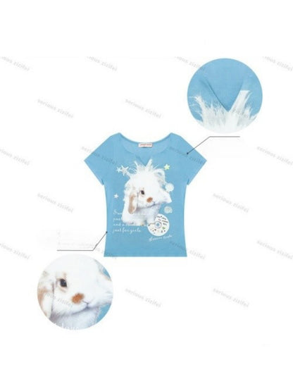 Fried Hairy Cute Rabbit Small V-Neck Short-Sleeved T-Shirt Light Blue【s0000016347】