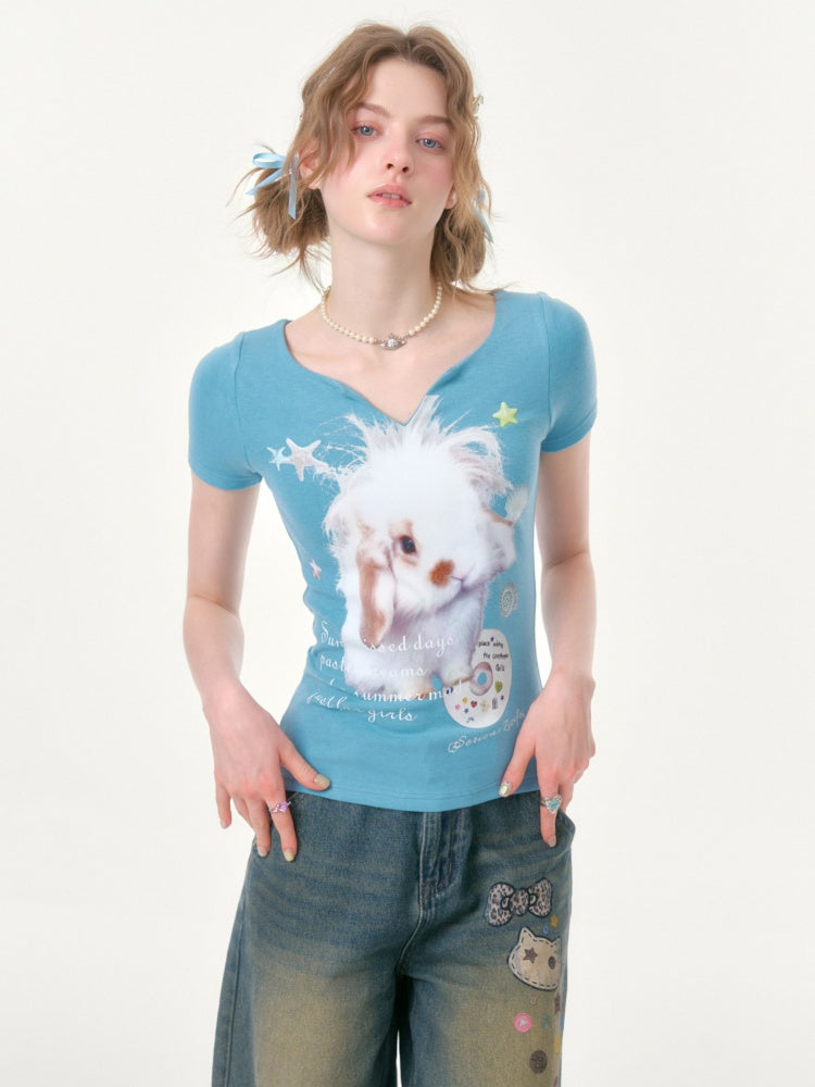 Fried Hairy Cute Rabbit Small V-Neck Short-Sleeved T-Shirt Light Blue【s0000016347】