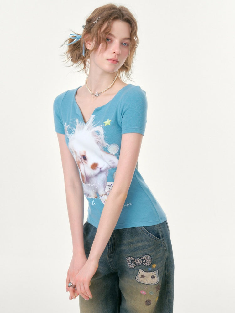 Fried Hairy Cute Rabbit Small V-Neck Short-Sleeved T-Shirt Light Blue【s0000016347】