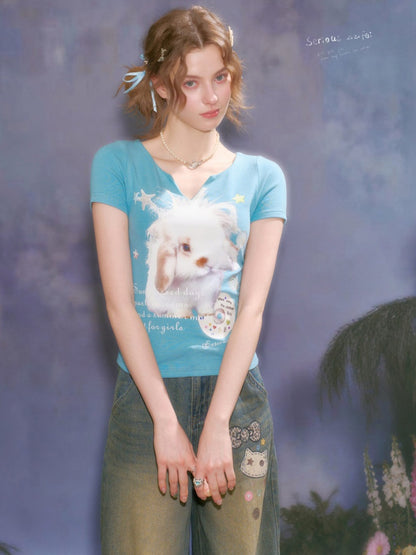Fried Hairy Cute Rabbit Small V-Neck Short-Sleeved T-Shirt Light Blue【s0000016347】