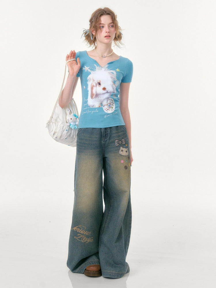 Fried Hairy Cute Rabbit Small V-Neck Short-Sleeved T-Shirt Light Blue【s0000016347】