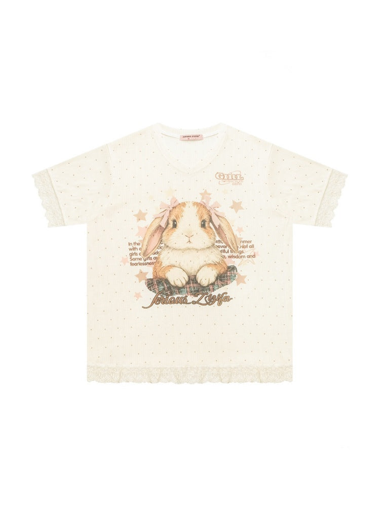 Vintage Rabbit Print Lace Edge Polka Dot V-Neck Short Sleeve T-Shirt【s0000016348】
