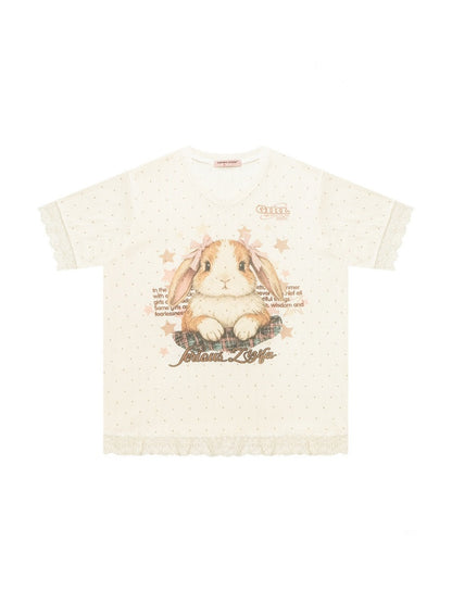 Vintage Rabbit Print Lace Edge Polka Dot V-Neck Short Sleeve T-Shirt【s0000016348】