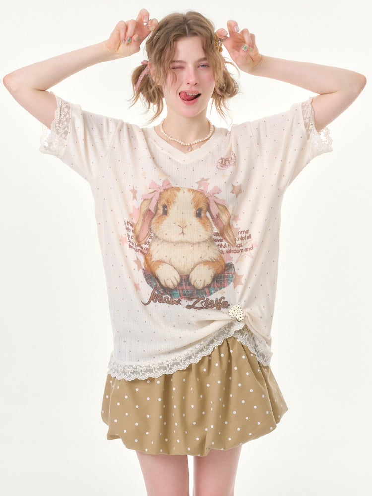 Vintage Rabbit Print Lace Edge Polka Dot V-Neck Short Sleeve T-Shirt【s0000016348】