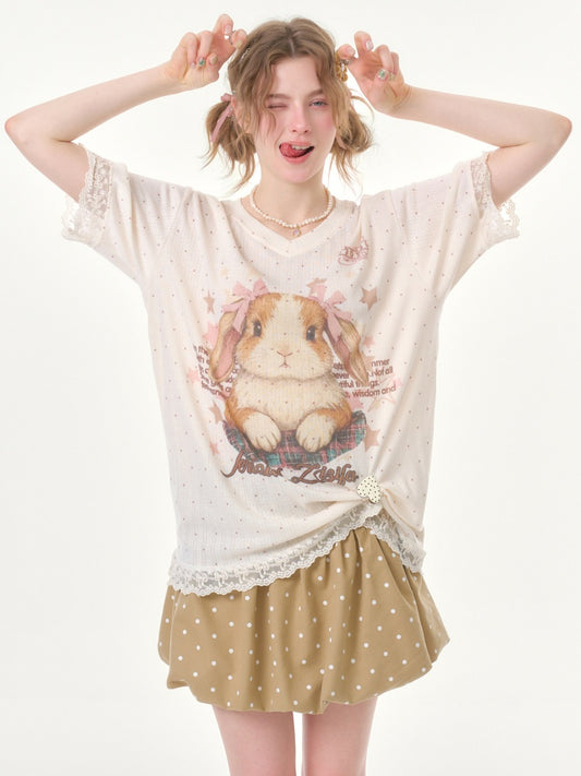 Vintage Rabbit Print Lace Edge Polka Dot V-Neck Short Sleeve T-Shirt【s0000016348】