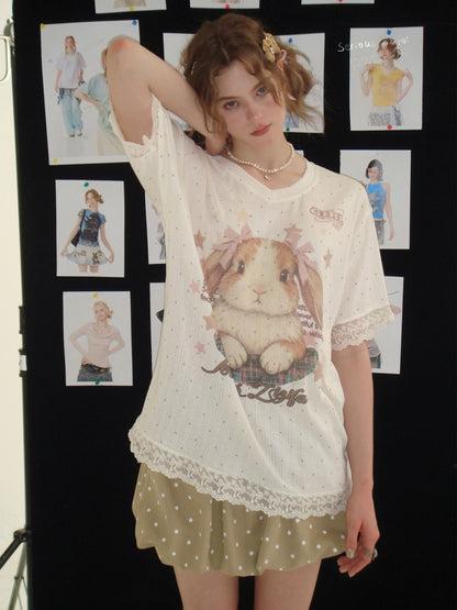 Vintage Rabbit Print Lace Edge Polka Dot V-Neck Short Sleeve T-Shirt【s0000016348】