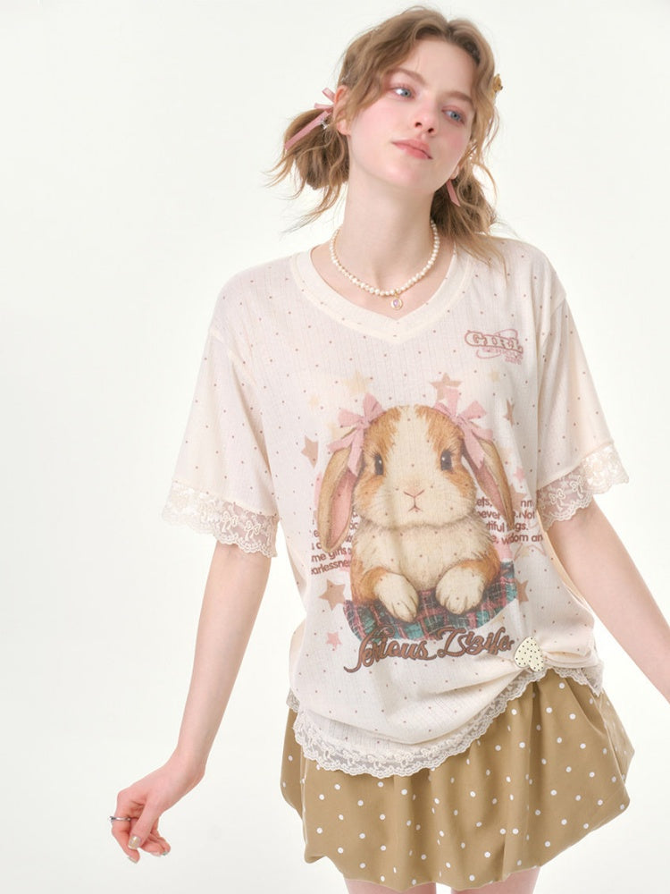 Vintage Rabbit Print Lace Edge Polka Dot V-Neck Short Sleeve T-Shirt【s0000016348】