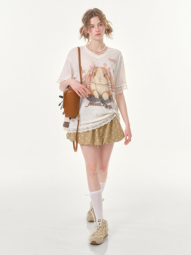 Vintage Rabbit Print Lace Edge Polka Dot V-Neck Short Sleeve T-Shirt【s0000016348】