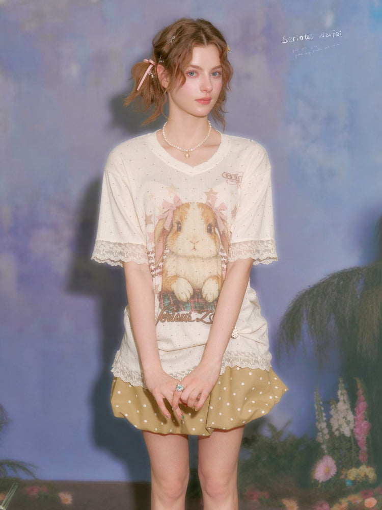 Vintage Rabbit Print Lace Edge Polka Dot V-Neck Short Sleeve T-Shirt【s0000016348】
