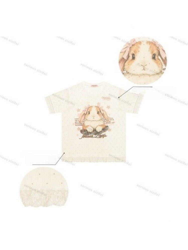 Vintage Rabbit Print Lace Edge Polka Dot V-Neck Short Sleeve T-Shirt【s0000016348】