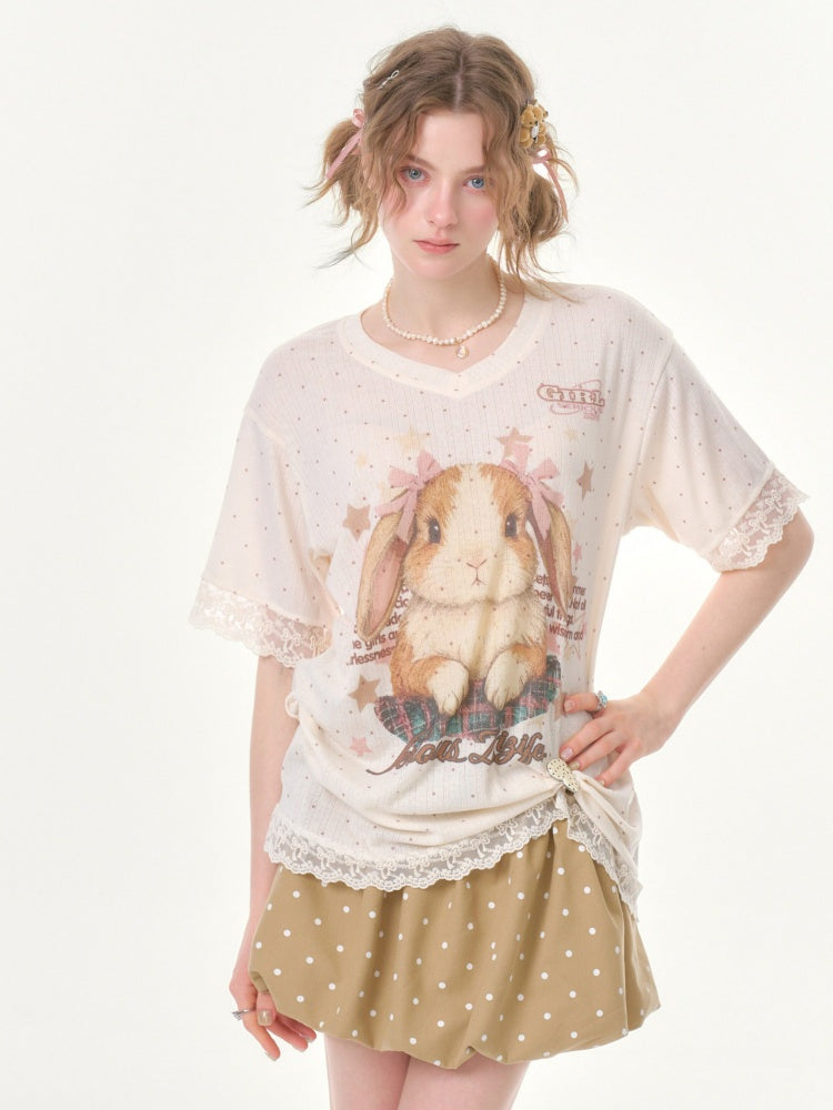 Vintage Rabbit Print Lace Edge Polka Dot V-Neck Short Sleeve T-Shirt【s0000016348】