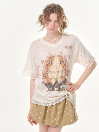 Vintage Rabbit Print Lace Edge Polka Dot V-Neck Short Sleeve T-Shirt【s0000016348】