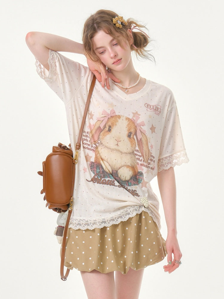 Vintage Rabbit Print Lace Edge Polka Dot V-Neck Short Sleeve T-Shirt【s0000016348】