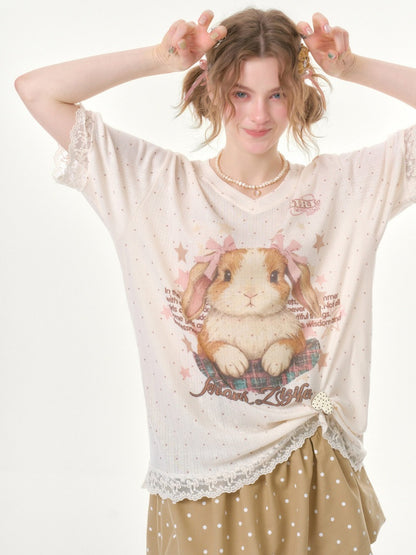 Vintage Rabbit Print Lace Edge Polka Dot V-Neck Short Sleeve T-Shirt【s0000016348】