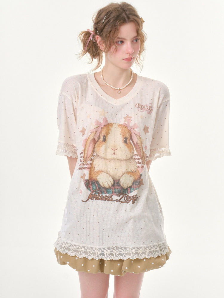 Vintage Rabbit Print Lace Edge Polka Dot V-Neck Short Sleeve T-Shirt【s0000016348】