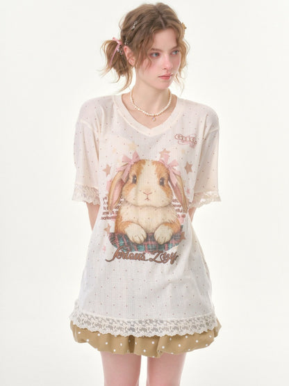 Vintage Rabbit Print Lace Edge Polka Dot V-Neck Short Sleeve T-Shirt【s0000016348】