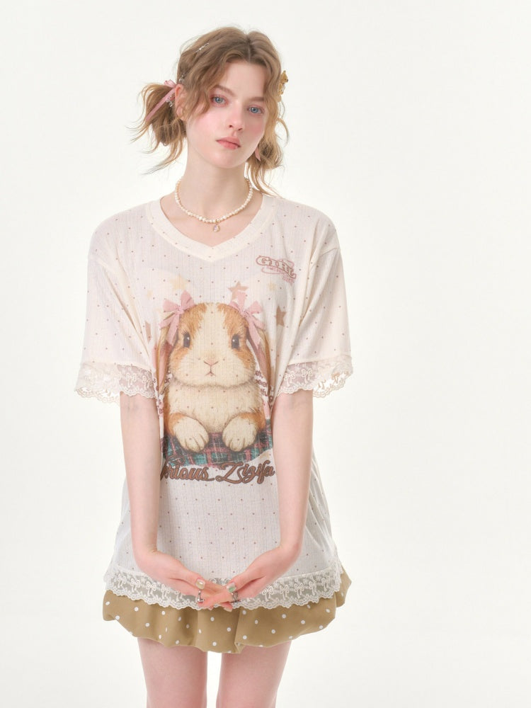 Vintage Rabbit Print Lace Edge Polka Dot V-Neck Short Sleeve T-Shirt【s0000016348】