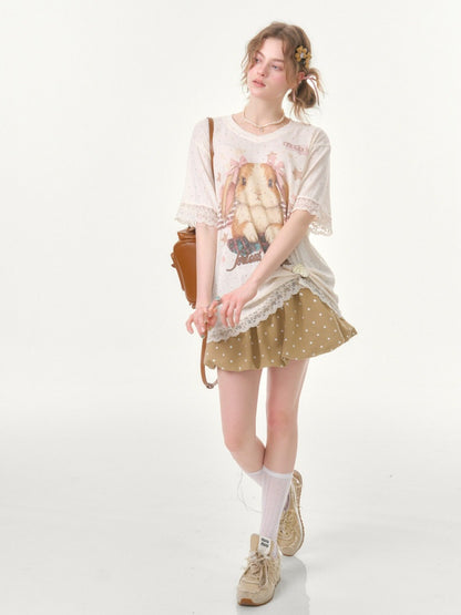 Vintage Rabbit Print Lace Edge Polka Dot V-Neck Short Sleeve T-Shirt【s0000016348】