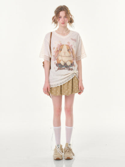 Vintage Rabbit Print Lace Edge Polka Dot V-Neck Short Sleeve T-Shirt【s0000016348】