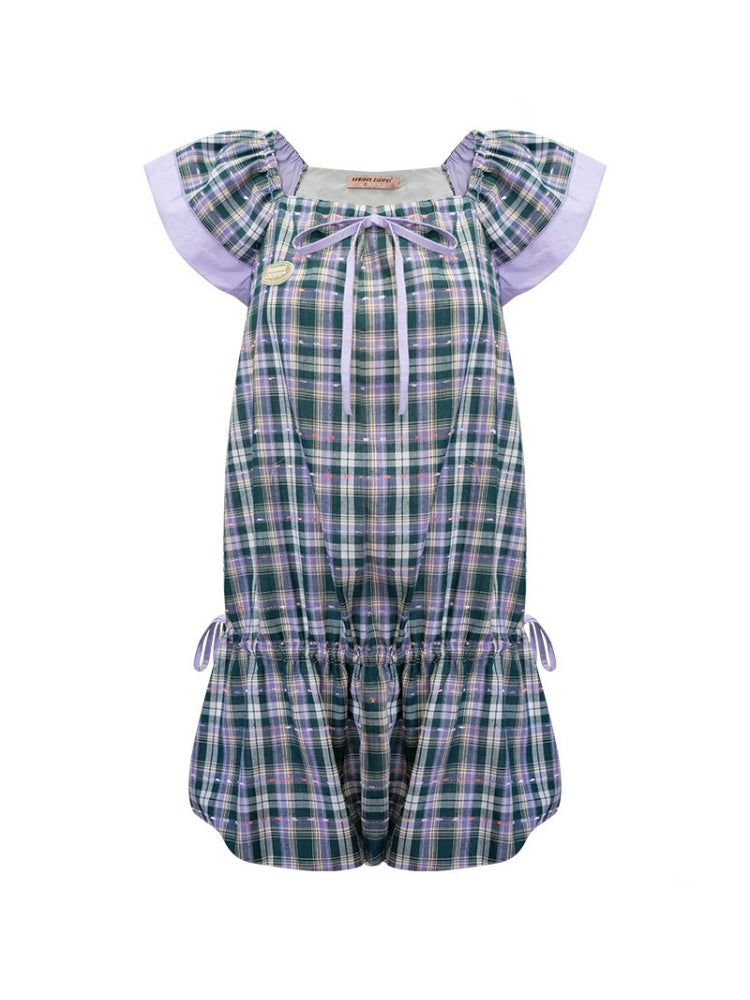 Flying Sleeves Drawstring Square Neck Waist Pocket Plaid Dress【s0000016350】