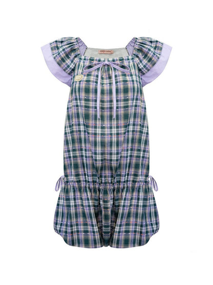 Flying Sleeves Drawstring Square Neck Waist Pocket Plaid Dress【s0000016350】