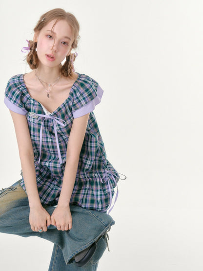 Flying Sleeves Drawstring Square Neck Waist Pocket Plaid Dress【s0000016350】