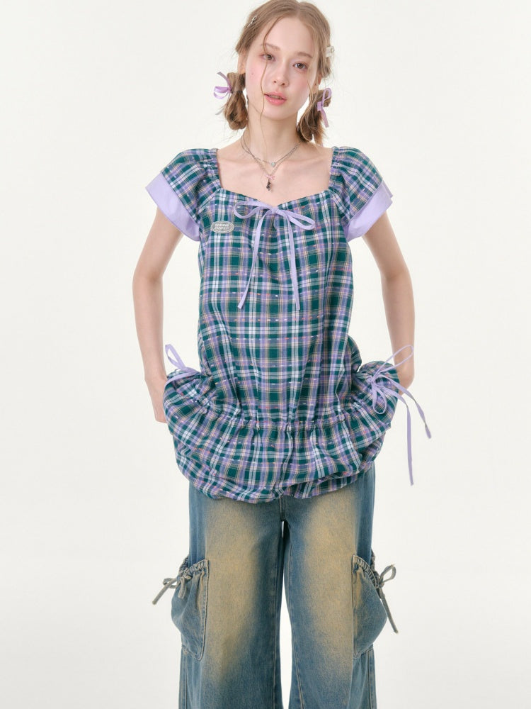 Flying Sleeves Drawstring Square Neck Waist Pocket Plaid Dress【s0000016350】