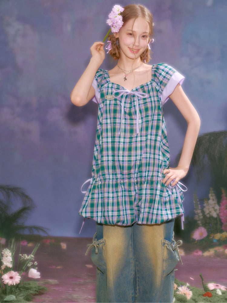 Flying Sleeves Drawstring Square Neck Waist Pocket Plaid Dress【s0000016350】