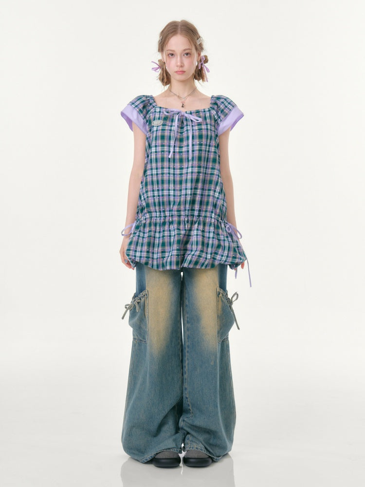 Flying Sleeves Drawstring Square Neck Waist Pocket Plaid Dress【s0000016350】